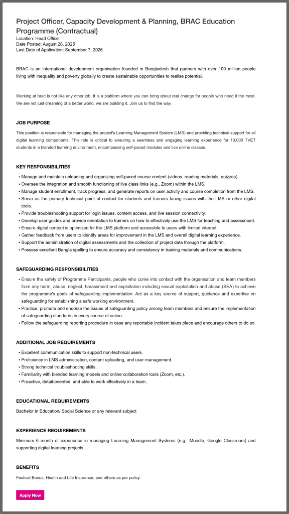 brac ngo job 2025 2